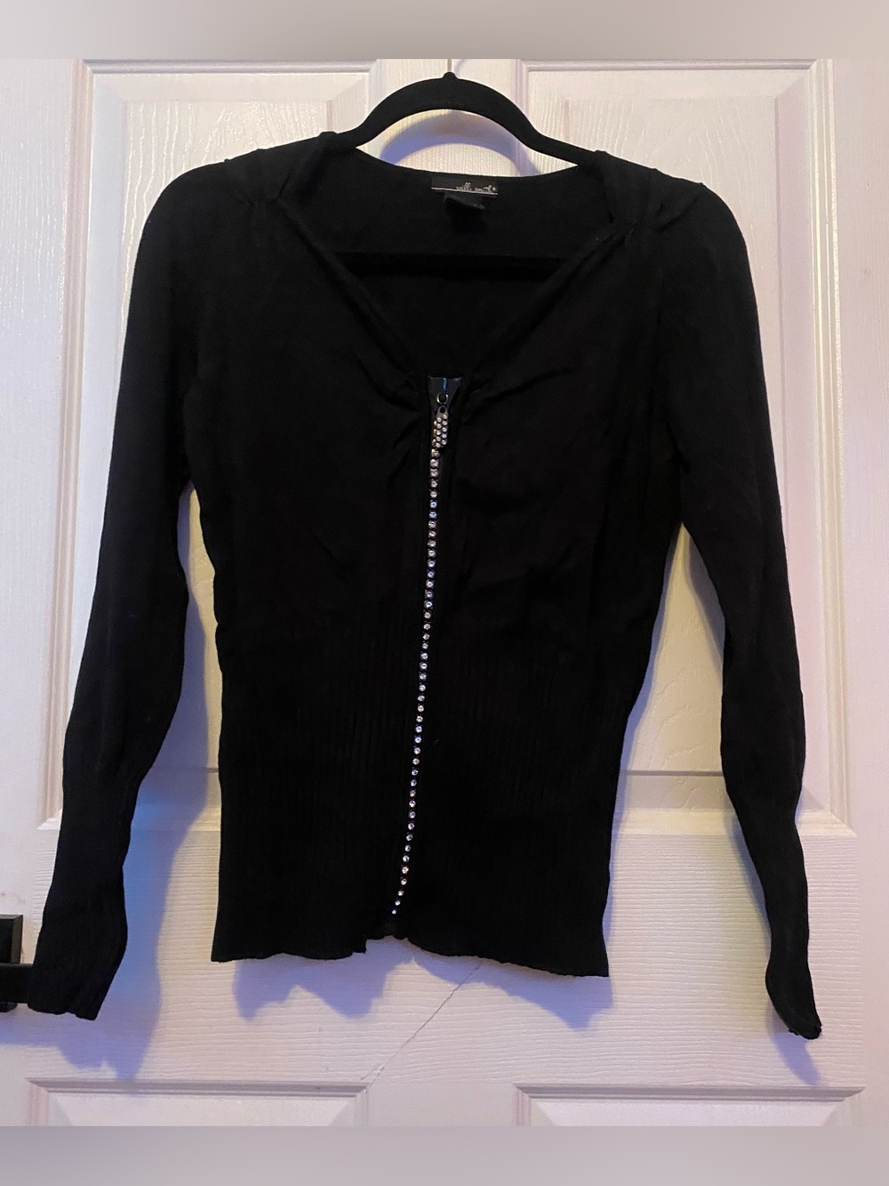 Vintage Willi Smith Black Rhinestone Zip Cardigan Sweater Y2K Size Small